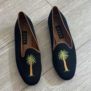 Zalo Palm Tree Embroidered Flats Loafers Black Green size 9 1/2